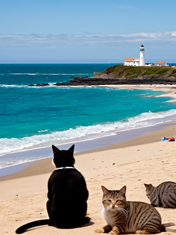 familia contenta conformada por un gato y dos esposos mirando el oceano en una playa y con una isla al fondo