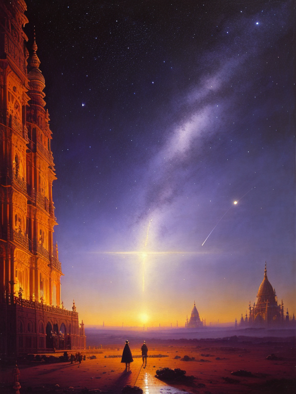 the epic scene from Hindu heaven, by Canaletto, by George Stubbs, by Paul Lehr, masterpiece, oil on canvas, trending on artstation, top on pixiv, cinematic composition, dramatic scene, beautiful lighting, sharp, high details, astrophotography, no frames, 8K