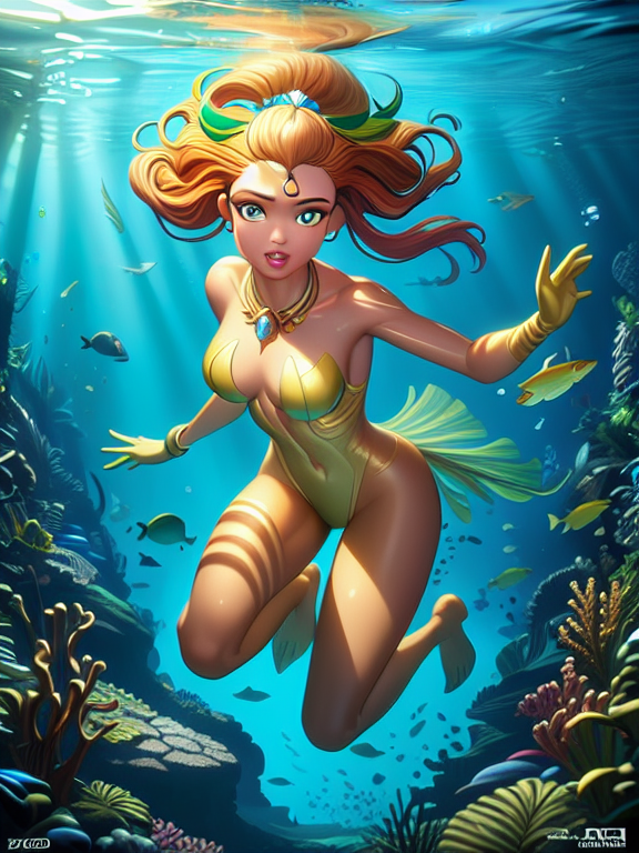 hyperrealistic neo - modern cinematic half underwater scene with fish and algae, very expressive! translucent elegant african goddess getting out of water, gold jewerly, highly detailed face, digital art masterpiece, aykut aydogdu zener, dramatic volumetric light, long shot, low angle uhd 8 k, sharp focus, Pixar, Disney, concept art, 3d digital art, Maya 3D, ZBrush Central 3D shading, bright colored background, radial gradient background, cinematic, Reimagined by industrial light and magic, 4k resolution post processing, Bangs, in a jungle