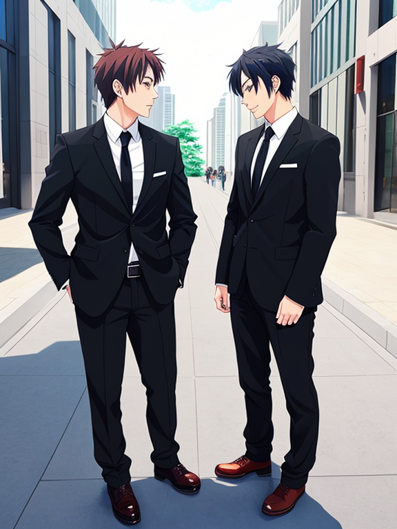 Image of two full body men talking in anime style