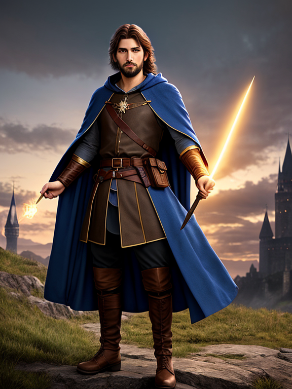 human wizard, blue  cloak, brown hair, light beard, male, high def, medieval fantasy, heroic lighting