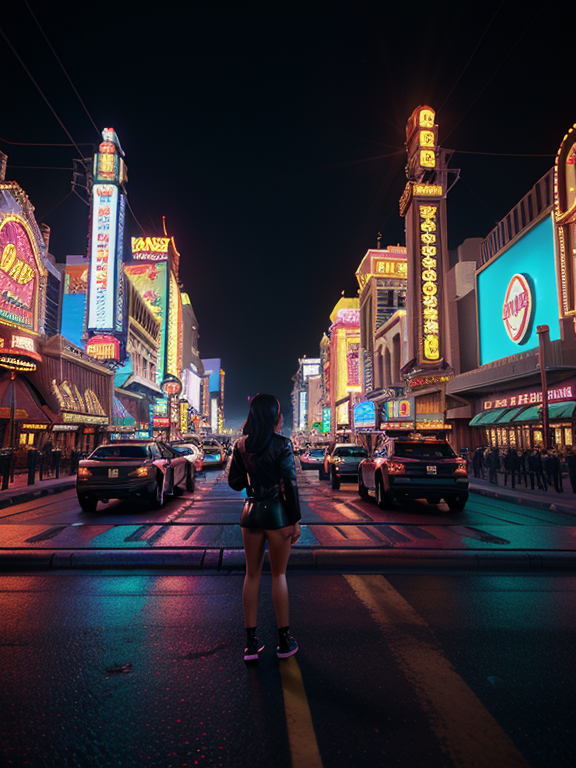 Las Vegas And Macau Street neon style, Cute, At  night, Cinematic lighting, Volumetric lighting, Epic composition, Photorealism, Bokeh, highly detailed, Octane render, HDR, Subsurface scattering, Epic composition, Photorealism, Bokeh, highly detailed, Octane render, HDR, Subsurface scattering, standing centered, 3d style, Add cinematic lighting with background color matching the lights.