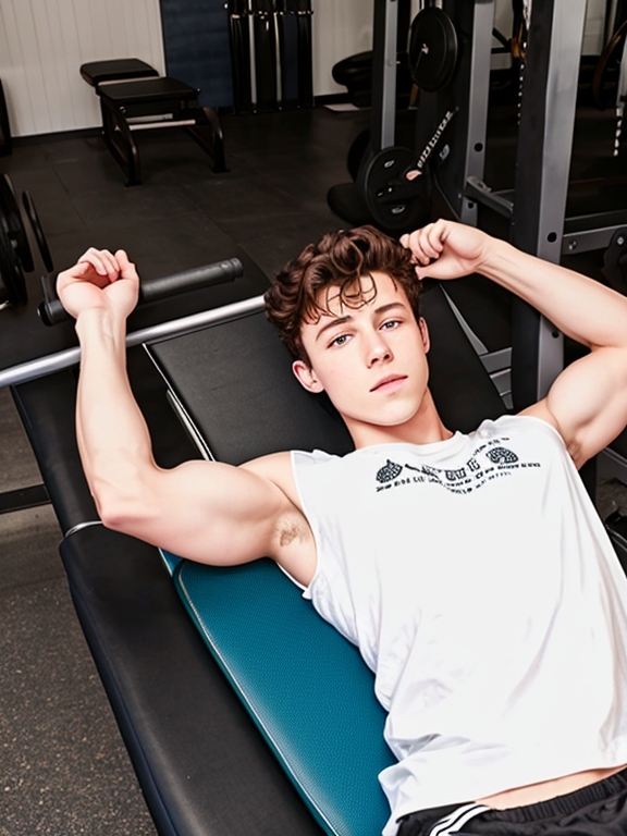 Shawn Mendes laying on a gym bench. Sweaty. Tattered clothing. Milk tanks on background. Cables connected to his middle pocket
