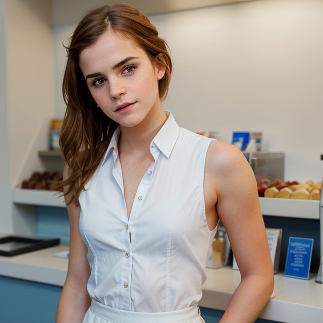 a photo of a beautiful, cute, An ultra realistic image of emma watson , praying , sleeveless wearing  school uniform,  , standing behind the counter, blue eyes, shiny skin, freckles, detailed skin, price labels, a masterpiece