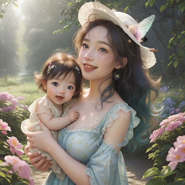 Artistic, Creativity, baby with mom , enchanting attire whimsical colors, dreamlike setting, floating pastel clouds, garden of surreal flowers:1.1, ethereal brush strokes, playful creatures, sparkling stars, radiant smile, glimmering eyes, magical ambiance, curly locks adorned with butterflies, teapot hat, caterpillar companion, paintbrush scepter, fantastical adventures, canvas of imagination, painted wing, laughing in wonder, enchanted forest backdrop, brushes of creativity, joyful expression, floating in a bubble, name: Alice, Photorealistic, Hyperrealistic, Hyperdetailed, analog style, (detailed skin), (matte skin), (soft lighting), (subsurface scattering), (realistic), (heavy shadow), (masterpiece), (best quality), (ultra realistic), (8k), (Intricate), (High Detail), (film photography), (shrp focus), (detailed skin texture), (elegant)