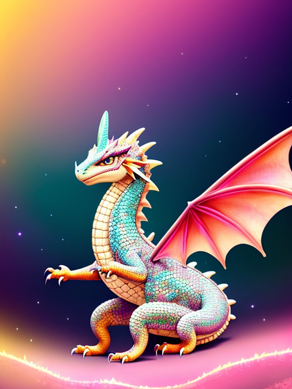A (((small adolescent pseudodragon))), its scales glowing with a mix of golden, pink, and white hues, with intricate feathered wings stretched elegantly