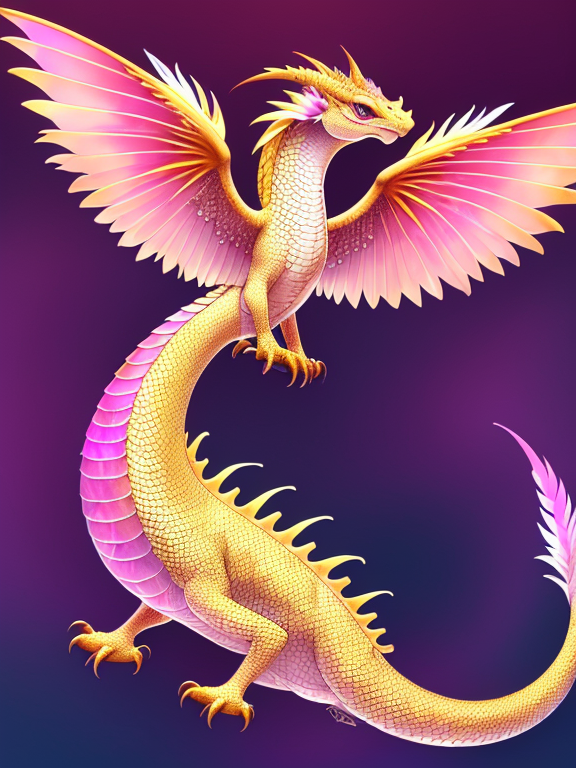 A (((small adolescent pdragon))), its scales glowing with a mix of golden, pink, and white hues, with intricate feathered wings stretched elegantly