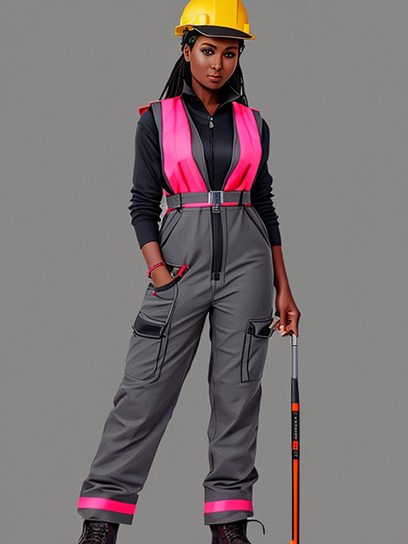 Pencil sketch of a Kenyan femme fatale with menacing look, standing akimbo, medium grey coveralls, neon fuchsia with reflective grey strips  safety vest, utility work belt with tools, work boots, hard hat and safety goggles holding a reciprocating saw, fine lines