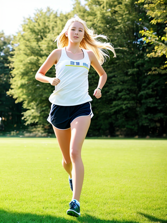  a blonde girl running on the grass on a sunny day