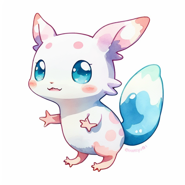 axolotl, nice art, well hand-drawn art, colorful, Small body, Cute animal, Cute clothing, Full body, Cute Eyes, Cute expressions, Watercolor style, Storybook style, Character Design, Illustrator, Digital watercolor, White background, Cartoon style, Kawaii, white background, one single character, pokemon style
