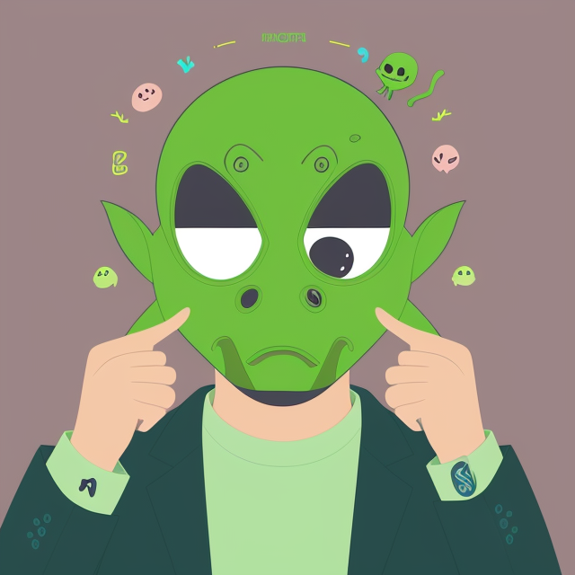  young man with a green alien mask that covers his entire face , Pastels, Flat, Doodles, Vector, Silly, Cartoon, Fun, Monogram, Professional, Business, Brand