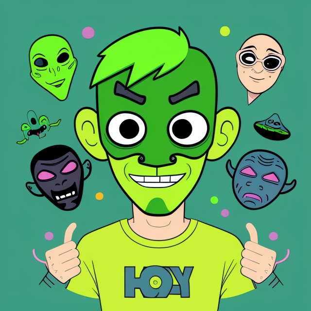 young man with a alien mask green that covers his entire face , Pastels, Flat, Doodles, Vector, Silly, Cartoon, Fun, Monogram, Professional, Business, Brand, Pixar style