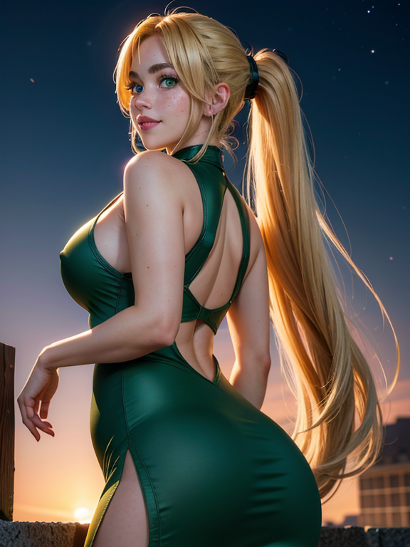 highres, masterpiece, perfect lighting, bloom, night, dark, cinematic lighting, perfect skin, a blond anime girl with massive  curvs at the bottom half standing backwards, looking at viewer, vivid green eyes, thick eyebrows, parted bangs, freckles, long flowing hair, ponytail, smile