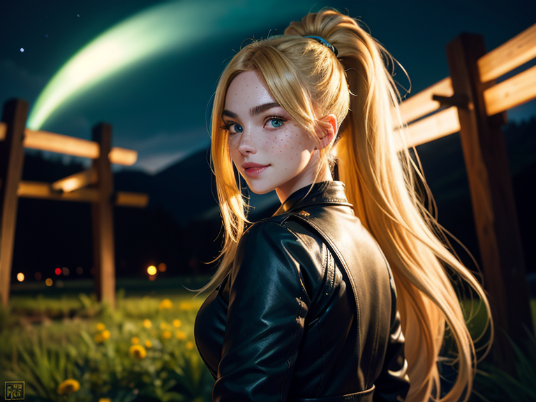 highres, masterpiece, perfect lighting, bloom, night, dark, cinematic lighting, perfect skin, a blond anime girl with massive curvs everywhere half standing backwards , looking at viewer, vivid green eyes, thick eyebrows, parted bangs, freckles, long flowing hair, ponytail, smile