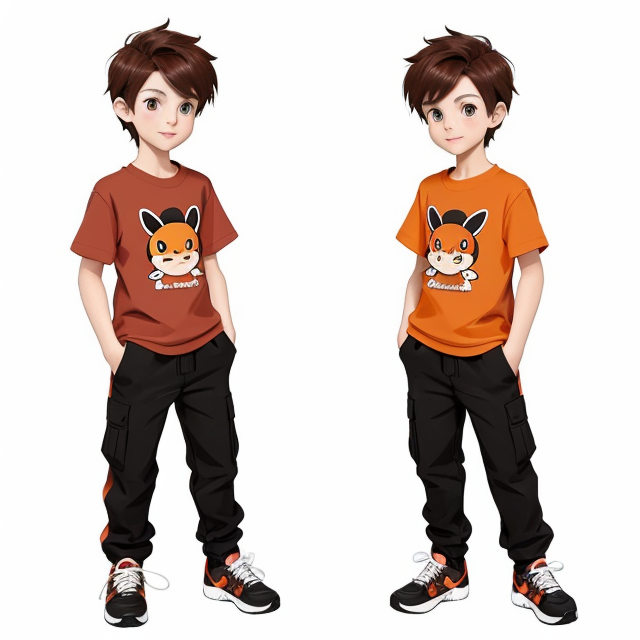 a tall older boy with burnt brown hair who wears mostly orange and red shirts and black/gray pants who looks like a kid from pokemon, nice art, well hand-drawn art, colorful, Small body, Cute animal, Cute clothing, Full body, Cute Eyes, Cute expressions, Watercolor style, Storybook style, Character Design, Illustrator, Digital watercolor, White background, Cartoon style, Kawaii, white background, one single character, pokemon style