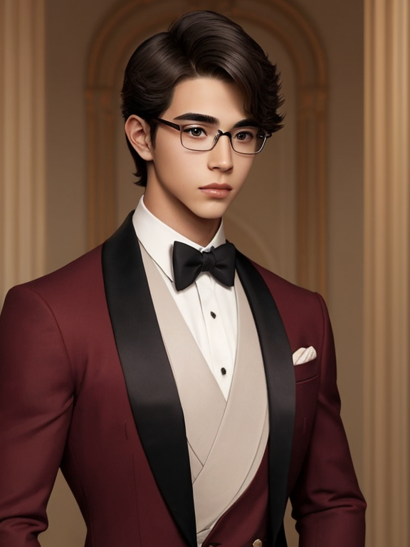 serious young adult male prince, handsome, smart with glasses, elegant background, masculine