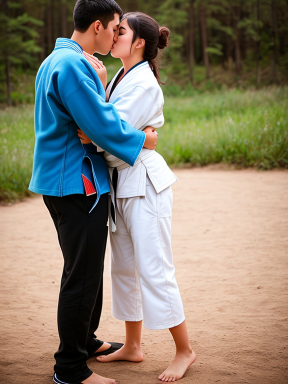 tenager girl in judo clothes kissing a men