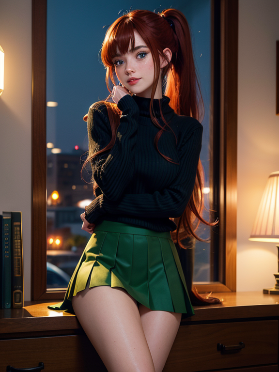 highres, masterpiece, perfect lighting, bloom, night, dark, cinematic lighting, perfect skin, Beautiful high school girl, red hair, very tight ribbed sweater, blue eyes long hair, pleated mini skirt, playing with skirt, shy, full body shot,, looking at viewer, vivid green eyes, thick eyebrows, parted bangs, freckles, long flowing hair, ponytail, smile