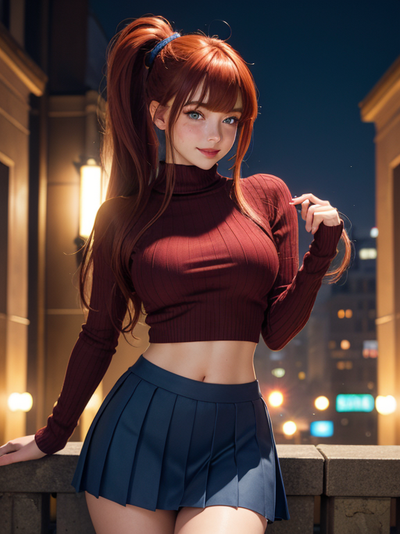 highres, masterpiece, perfect lighting, bloom, night, dark, cinematic lighting, perfect skin, Beautiful high school girl, red hair, very tight ribbed sweater, blue eyes long hair, pleated mini skirt, playing with skirt, biting lip, shy, full body shot,, looking at viewer, vivid green eyes, thick eyebrows, parted bangs, freckles, long flowing hair, ponytail, smile