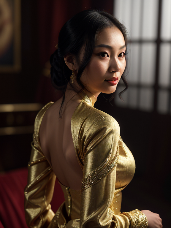  Asian girl with ultra Asian eyes, wearing a luxurious  hyper-detailed shiny silk satin jumpsuit, back pose, looking over her shoulder smiling , full body picture, , 8k photography, low light, breasts, Jewelry, large_breasts, lips, long_sleeves, looking_at_viewer, realistic, Solo, (realistic:1.8), Masterpiece, Best quality, 8k, detailed skin texture, detailed cloth texture, Beautiful detailed face, intricate details, ultra detailed, Rim lighting, side lighting, Cinematic lighting, cinematic light, Ultra high res, 8k uhd, Film grain, best shadow, Delicate, RAW