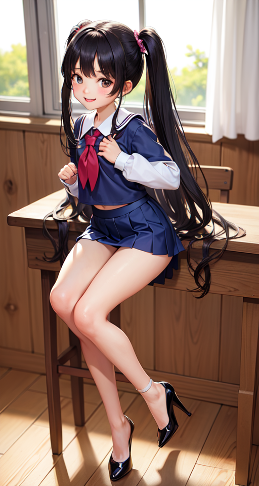 6 year old little girl in silk lingerie lifting her uniform skirt and exp;osing her silk panties in classroom, wearing high heels, long wavy black hair, smiling, long thin legs, 