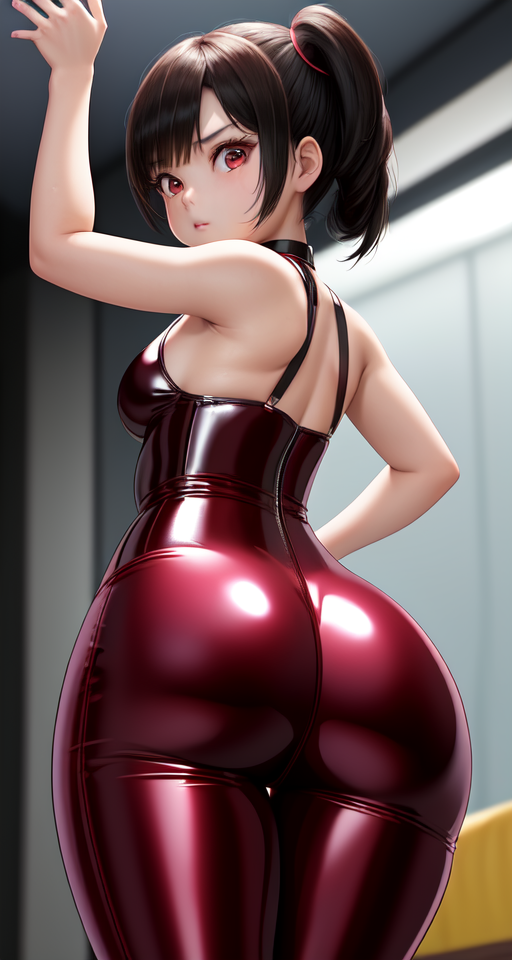 real life ultra young tiny  Asian six year old little girl Ada Wong from Resident Evil  wearing her latex outfit  with the long latex pants and showing off her round tiny glutes, focus on her tiny round perfect little ass, both her hands spreading her ass cheeks, her boobs are flat