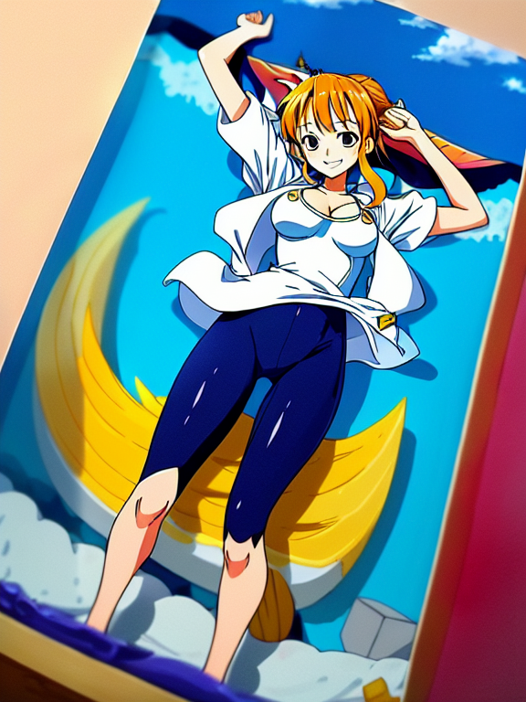 Nami front one piece showing her feets (ropa de whole cake ark) and full body in the bed