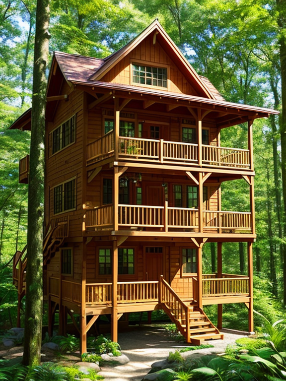 Create an image of a charming tree house set in a lush forest. The tree house should be built among the branches of a large tree, with features like wooden planks, a rope ladder, and a rope bridge. Include details like windows overlooking the forest canopy and a small balcony for enjoying the view. Surround the scene with dense greenery and dappled sunlight filtering through the leaves, conveying a sense of adventure and tranquility.