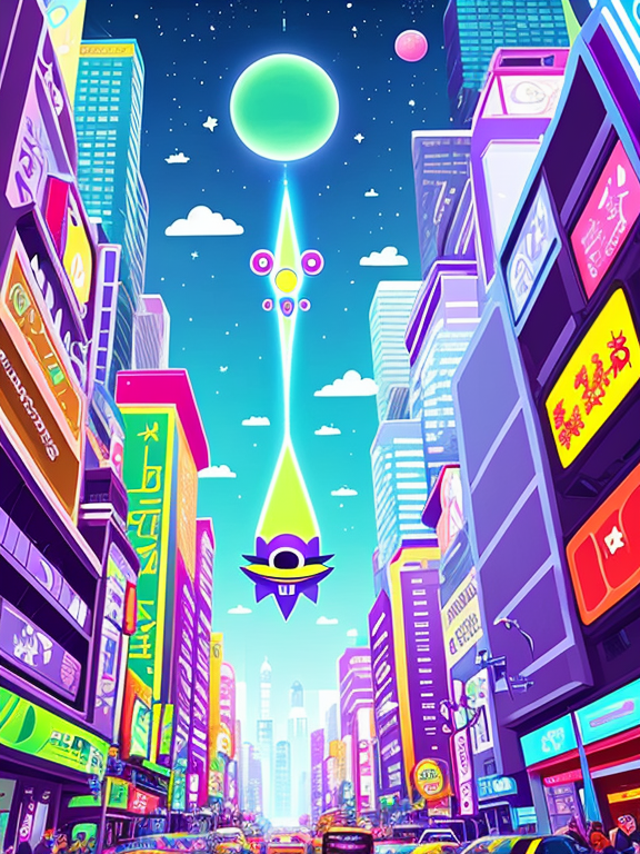 Create a cartoon-style image of an alien invasion on Earth. Depict whimsical alien spaceships with vibrant colors descending on a city. Include cartoon aliens with exaggerated features emerging from the ships, causing playful chaos. Show humans reacting with surprise and curiosity, some taking photos, while others try to communicate. Add humorous details like alien gadgets and animated street signs, capturing a lively, fun, and energetic atmosphere. 