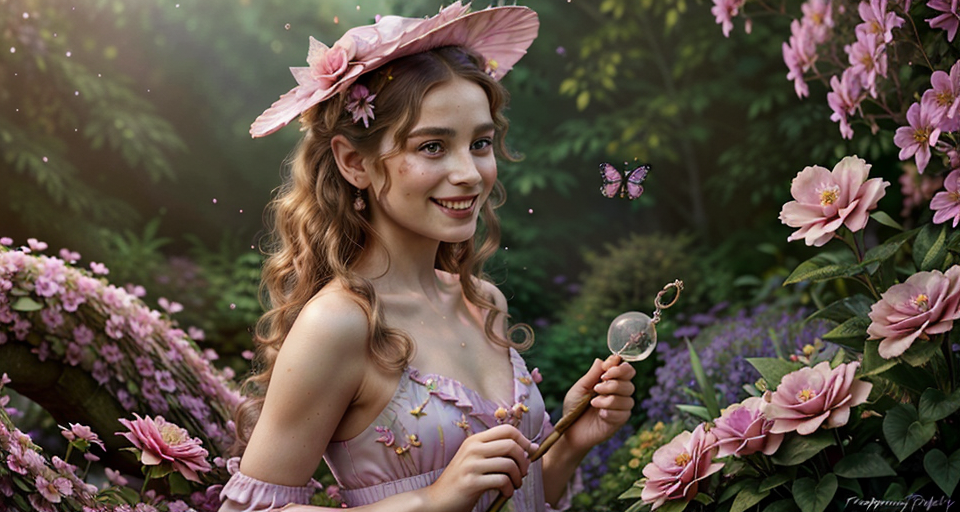 Artistic, Creativity, Lizzie Wishes To Become A Neverland Fairy with Pointy Ears and a beautiful Pink flowery dress, enchanting attire whimsical colors, dreamlike setting, floating pastel clouds, garden of surreal flowers:1.1, ethereal brush strokes, playful creatures, sparkling stars, radiant smile, glimmering eyes, magical ambiance, curly locks adorned with butterflies, teapot hat, caterpillar companion, paintbrush scepter, fantastical adventures, canvas of imagination, painted wing, laughing in wonder, enchanted forest backdrop, brushes of creativity, joyful expression, floating in a bubble, name: Alice, Photorealistic, Hyperrealistic, Hyperdetailed, analog style, (detailed skin), (matte skin), (soft lighting), (subsurface scattering), (realistic), (heavy shadow), (masterpiece), (best quality), (ultra realistic), (8k), (Intricate), (High Detail), (film photography), (shrp focus), (detailed skin texture), (elegant)