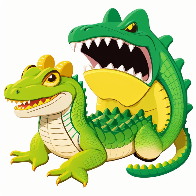 Cute yellow stylized crocodile bread, vector, vibrant color, incredibly high details, white background, plashing colors, Cartoon character, stickers designs