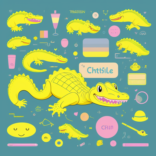 Cute aesthethic yellow crocodile, Pastels, Flat, Doodles, Vector, Silly, Cartoon, Fun, Monogram, Professional, Business, Brand