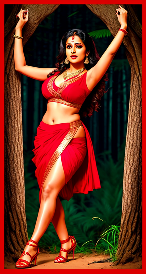 mallu aunty in short red saree, dancing very hot, in a dark forest background, realistic, cinematic, poster, lust