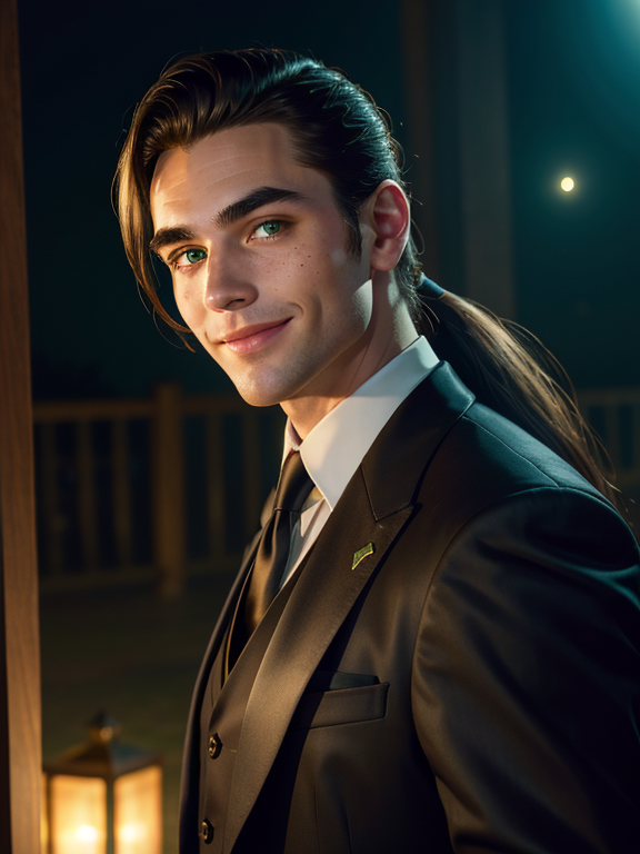 highres, masterpiece, perfect lighting, bloom, night, dark, cinematic lighting, perfect skin, A man dressed in suit, looking at viewer, vivid green eyes, thick eyebrows, parted bangs, freckles, long flowing hair, ponytail, smile