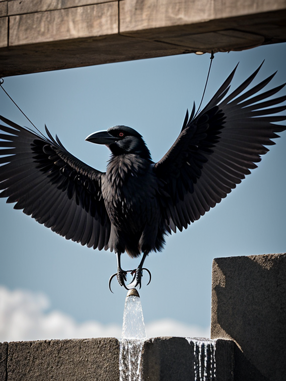  As the crow's plan unfolds, tension builds. Will the crow's efforts be enough to reach the life-saving water? Detail the moments of suspense and anticipation as the crow's fate hangs in the balance.