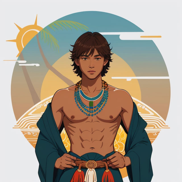 Young adult tribal male. Ceremonial sacrificial clothing. Beautiful, slim build. Ocean blue eyes. Tan skin. Shaggy sun-kissed brown hair, planar vector, character design, japan style artwork, on a shamanic vision quest, with beautiful nocturnal sun and lush Amazon jungle in the background, subtle geometric patterns, clean white background, professional vector, full shot, 8K resolution, deep impression illustration, sticker type, vibrant color, colorful background, a painting illustration , 2D