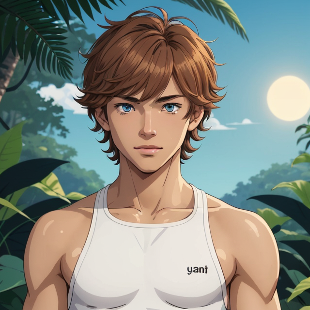 Generate an image of a young adult tribal male preparing for sacrifice. He has shaggy, sun-kissed light brown hair, ocean blue eyes, and tan skin. His appearance is beautiful, with a slim swimmer build, resembling a twink. The style should resemble character art from the visual novel dating sim 'Shark Bait,' featuring vibrant colors, anime-inspired features, and a soft, romantic atmosphere., planar vector, character design, japan style artwork, on a shamanic vision quest, with beautiful nocturnal sun and lush Amazon jungle in the background, subtle geometric patterns, clean white background, professional vector, full shot, 8K resolution, deep impression illustration, sticker type, vibrant color, colorful background, a painting illustration , 2D
