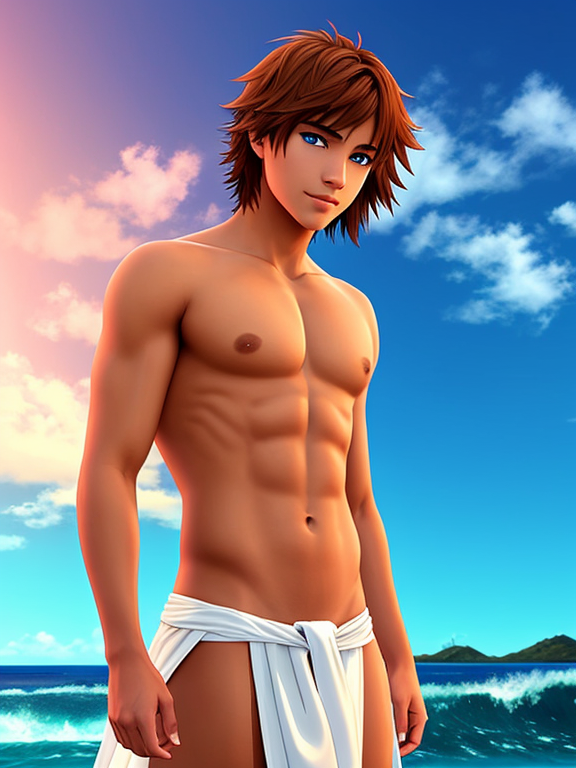 Generate an image of a young adult tribal male preparing for sacrifice. Ceremonial sacrificial robe. He has shaggy, sun-kissed light brown hair, ocean blue eyes, and tan skin. His appearance is beautiful, with a slim, nonmuscular , swimmer build, 18 years old. The style should resemble character art from the visual novel dating sim 'Shark Bait,' featuring vibrant colors, anime-inspired features, and a soft, romantic atmosphere.