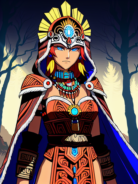 , shoulder pads made from intricate wood carvings, stalking cape, hood, winds howl in the trees, natures wrath, r1ge, aztec warrior queen , aztec warrior style, Cyperpunk, wearing Aztec accessories