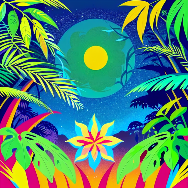, planar vector, character design, japan style artwork, on a shamanic vision quest, with beautiful nocturnal sun and lush Amazon jungle in the background, subtle geometric patterns, clean white background, professional vector, full shot, 8K resolution, deep impression illustration, sticker type, vibrant color, colorful background, a painting illustration , 2D