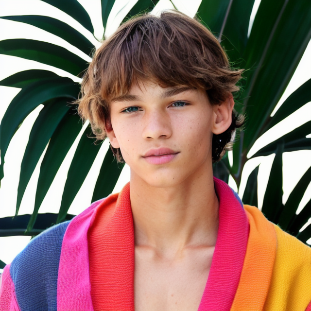 Generate an image of a young adult tribal male preparing for sacrifice. Ceremonial sacrificial robes. He has shaggy, sun-kissed light brown hair, ocean blue eyes, and tan skin tone. His appearance is beautiful, with a slim, lean, toned swimmer build, resembling a twink. He has a soft face with light freckles across his nose ridge and cheekbones. He has a somber, pensive expression on his face. The style should resemble character art from the visual novel dating sim 'Shark Bait,' featuring vibrant colors, anime-inspired features, and a soft, romantic atmosphere., planar vector, character design, japan style artwork, on a shamanic vision quest, with beautiful nocturnal sun and lush Amazon jungle in the background, subtle geometric patterns, clean white background, professional vector, full shot, 8K resolution, deep impression illustration, sticker type, vibrant color, colorful background, a painting illustration , 2D