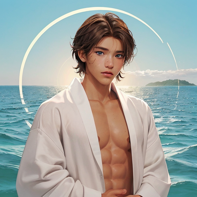 Generate an image of a young adult tribal male preparing for sacrifice. Ceremonial sacrificial robes. He has shaggy, sun-kissed light brown hair, ocean blue eyes, and tan skin tone. His appearance is beautiful, with a slim, lean, toned swimmer build, resembling a twink. He has a soft face with light freckles across his nose ridge and cheekbones. He has a somber, pensive expression on his face. The style should resemble character art from the visual novel dating sim 'Shark Bait,' featuring vibrant colors, anime-inspired features, and a soft, romantic atmosphere., planar vector, character design, japan style artwork, on a shamanic vision quest, with beautiful nocturnal sun and lush Amazon jungle in the background, subtle geometric patterns, clean white background, professional vector, full shot, 8K resolution, deep impression illustration, sticker type, vibrant color, colorful background, a painting illustration , 2D