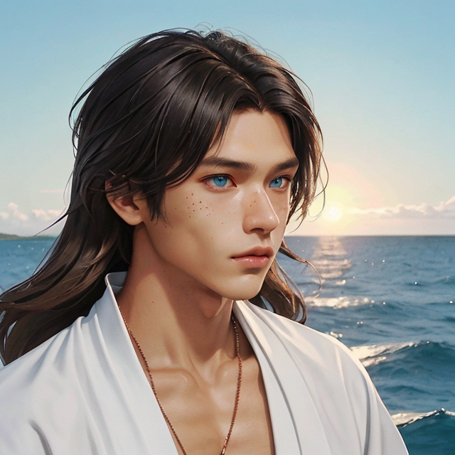 Generate an image of a young adult tribal male preparing for sacrifice. Ceremonial sacrificial robes. He has shaggy, sun-kissed light brown hair, ocean blue eyes, and tan skin tone. His appearance is beautiful, with a slim, lean, toned swimmer build, resembling a twink. He has a soft face with light freckles across his nose ridge and cheekbones. He has a somber, pensive expression on his face. The style should resemble character art from the visual novel dating sim 'Shark Bait,' featuring vibrant colors, anime-inspired features, and a soft, romantic atmosphere., planar vector, character design, japan style artwork, on a shamanic vision quest, with beautiful nocturnal sun and lush Amazon jungle in the background, subtle geometric patterns, clean white background, professional vector, full shot, 8K resolution, deep impression illustration, sticker type, vibrant color, colorful background, a painting illustration , 2D