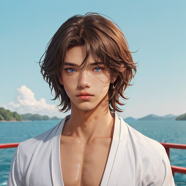 Generate an image of a young adult tribal male preparing for sacrifice. Ceremonial sacrificial robes. He has shaggy, sun-kissed light brown hair, ocean blue eyes, and tan skin tone. His appearance is beautiful, with a slim, lean, toned swimmer build, resembling a twink. He has a soft face with light freckles across his nose ridge and cheekbones. He has a somber, pensive expression on his face. The style should resemble character art from the visual novel dating sim 'Shark Bait,' featuring vibrant colors, anime-inspired features, and a soft, romantic atmosphere., planar vector, character design, japan style artwork, on a shamanic vision quest, with beautiful nocturnal sun and lush Amazon jungle in the background, subtle geometric patterns, clean white background, professional vector, full shot, 8K resolution, deep impression illustration, sticker type, vibrant color, colorful background, a painting illustration , 2D
