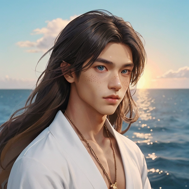 Generate an image of a young adult tribal male preparing for sacrifice. Ceremonial sacrificial robes. He has shaggy, sun-kissed light brown hair, ocean blue eyes, and tan skin tone. His appearance is beautiful, with a slim, lean, toned swimmer build, resembling a twink. He has a soft face with light freckles across his nose ridge and cheekbones. He has a somber, pensive expression on his face. The style should resemble character art from the visual novel dating sim 'Shark Bait,' featuring vibrant colors, anime-inspired features, and a soft, romantic atmosphere., planar vector, character design, japan style artwork, on a shamanic vision quest, with beautiful nocturnal sun and lush Amazon jungle in the background, subtle geometric patterns, clean white background, professional vector, full shot, 8K resolution, deep impression illustration, sticker type, vibrant color, colorful background, a painting illustration , 2D