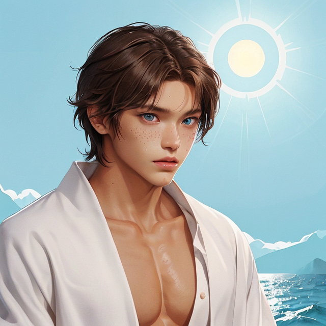 Generate an image of a young adult tribal male preparing for sacrifice. Ceremonial sacrificial robes. He has shaggy, sun-kissed light brown hair, ocean blue eyes, and tan skin tone. His appearance is beautiful, with a slim, lean, toned swimmer build, resembling a twink. He has a soft face with light freckles across his nose ridge and cheekbones. He has a somber, pensive expression on his face. The style should resemble character art from the visual novel dating sim 'Shark Bait,' featuring vibrant colors, anime-inspired features, and a soft, romantic atmosphere., planar vector, character design, japan style artwork, on a shamanic vision quest, with beautiful nocturnal sun and lush Amazon jungle in the background, subtle geometric patterns, clean white background, professional vector, full shot, 8K resolution, deep impression illustration, sticker type, vibrant color, colorful background, a painting illustration , 2D