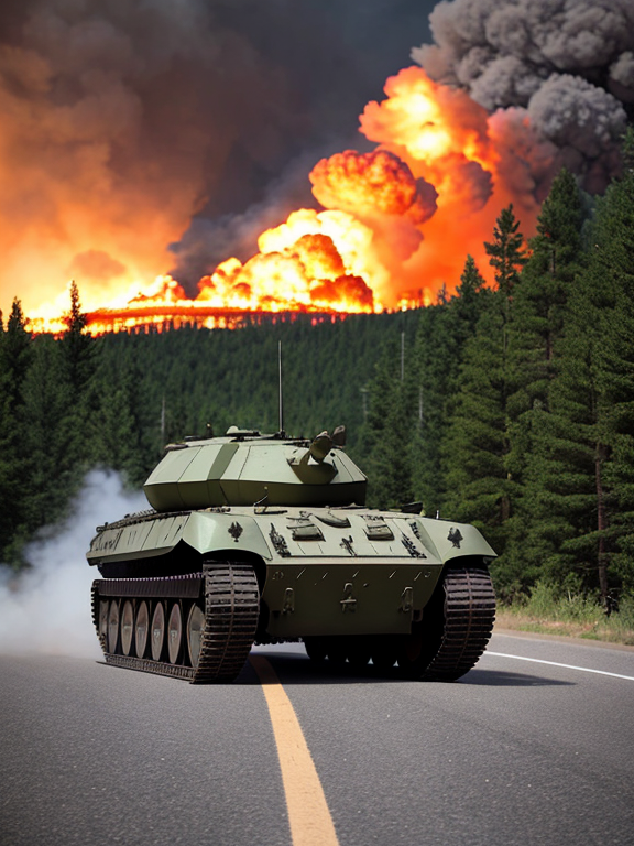 massive explosions of an old Soviet armored military personnel carrier,on a road within a hilly, forested landscape, with debris scattered around, ultra-realistic, UHD, 64K