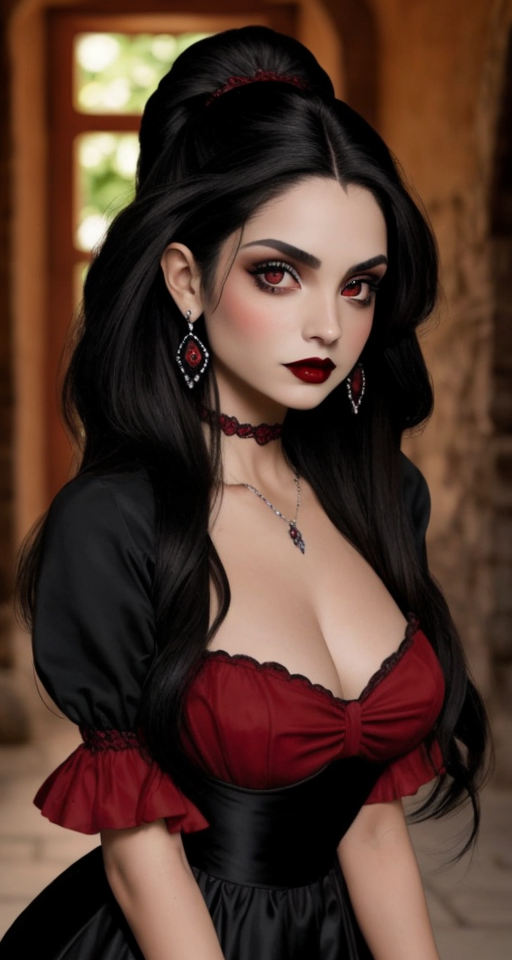 chica vampira, pelo largo negro, ojos rojos, colmillos, vestimenta antigua con escote
