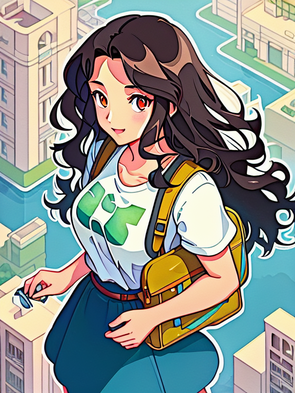 skirt, brunette, black curly-silky hair, tan skin, wearing a backpack, style cartoon, colors, two-dimensional, planar vector, character design, T-shirt design, stickers, colorful splashes, and T-shirt design, Studio Ghibli style, soft tetrad color, vector art, fantasy art, watercolor effect, Alphonse Mucha, Adobe Illustrator, digital painting, low polygon, soft lighting, aerial view, isometric style, retro aesthetics, focusing on people, 8K resolution, octane render