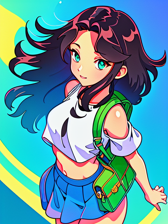 skirt, brunette, crop top, black curly-silky hair, tan skin, wearing a backpack, style cartoon, colors, two-dimensional, planar vector, character design, T-shirt design, stickers, colorful splashes, and T-shirt design, Studio Ghibli style, soft tetrad color, vector art, fantasy art, watercolor effect, Alphonse Mucha, Adobe Illustrator, digital painting, low polygon, soft lighting, aerial view, isometric style, retro aesthetics, focusing on people, 8K resolution, octane render